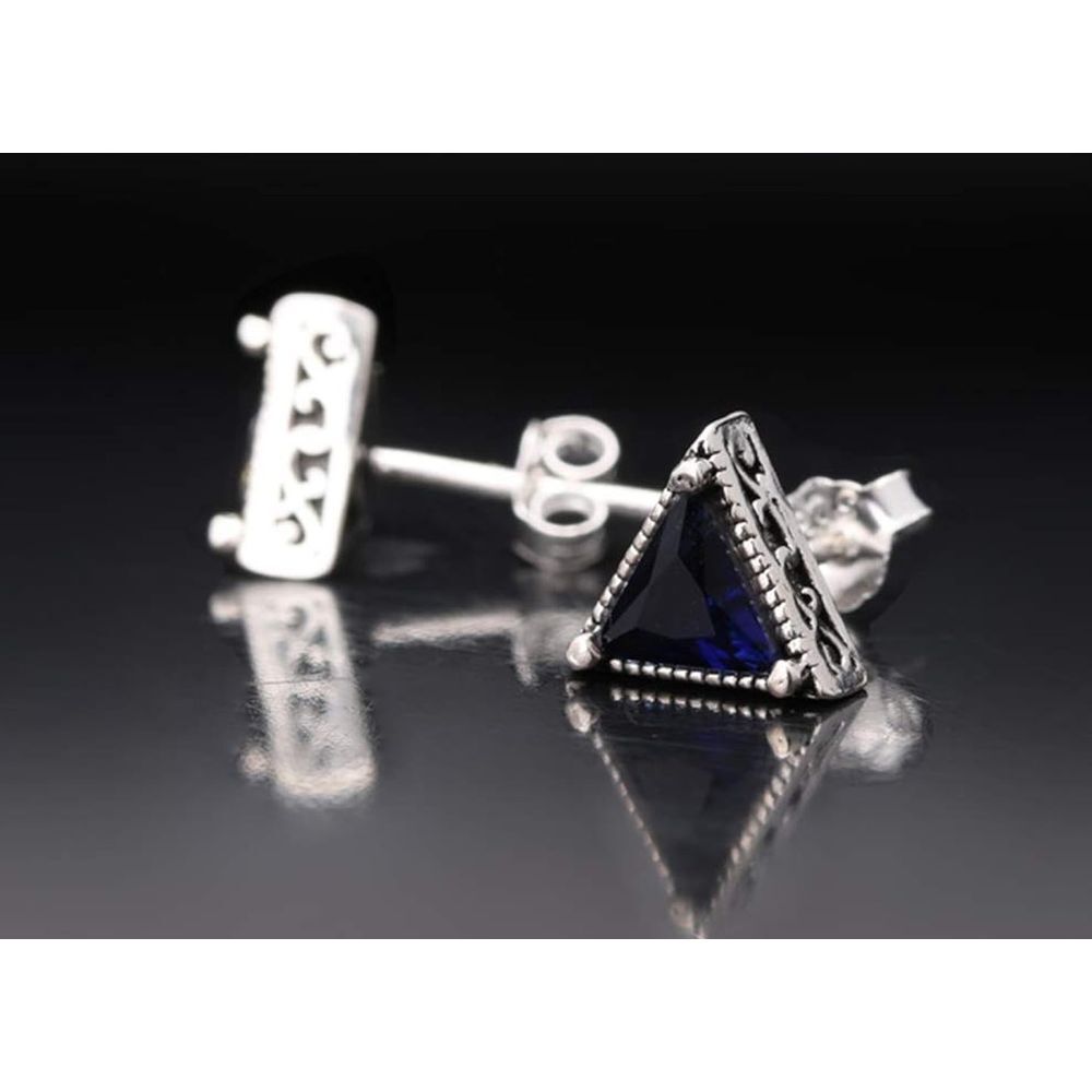 NEW Unisex Style Trillion Cute Blue Sapphire Stud‎ Earrings Rhodium S925